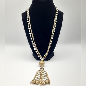 Boho Gold Tone Tassel Necklace White Beads Double Strand